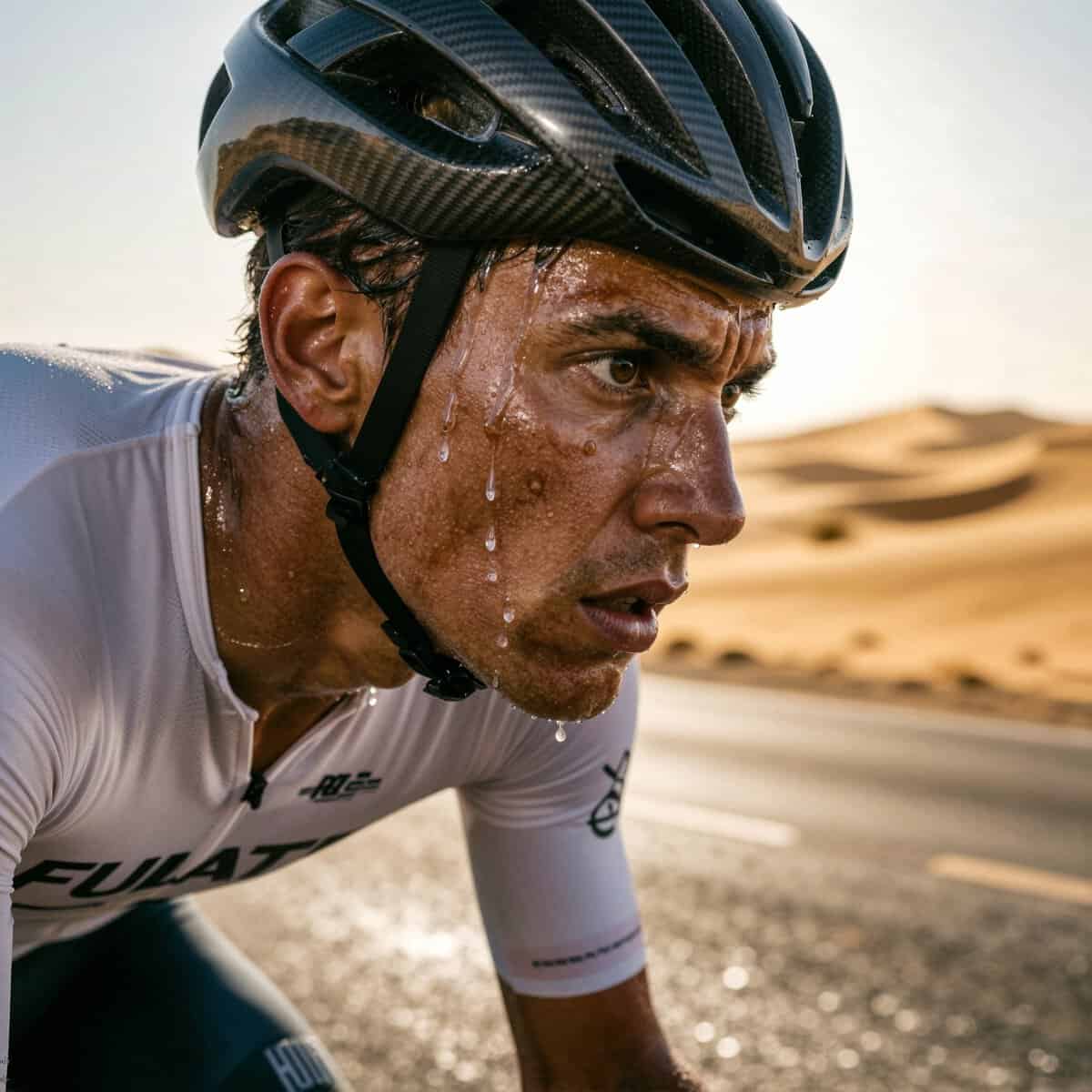 Ciclista realizando heat training en rodillo en ambiente caluroso con alta temperatura