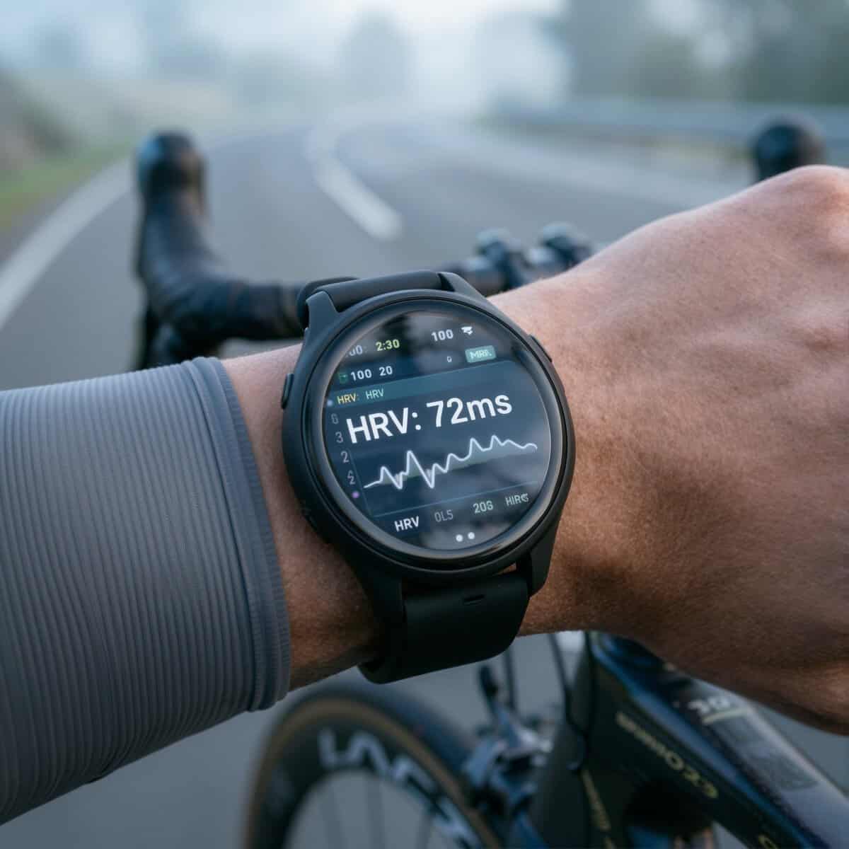 Ciclista midiendo HRV variabilidad de frecuencia cardíaca con banda de pecho por la mañana