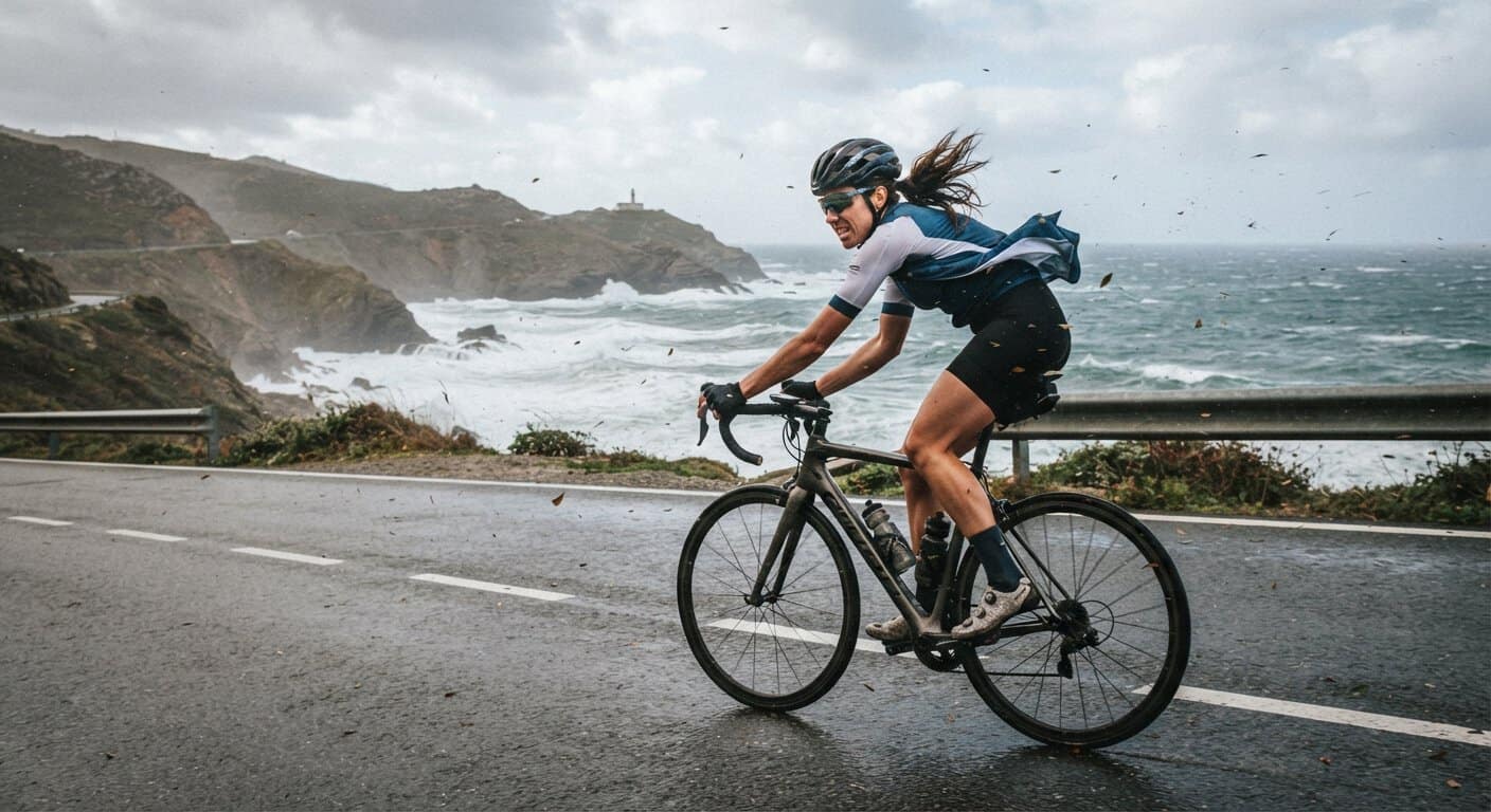 Grupo de ciclistas haciendo drafting para enfrentar el viento en contra