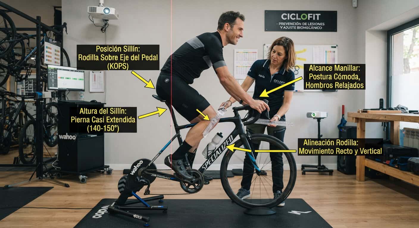 Mecánico ajustando la altura del sillín y otros componentes de una bicicleta