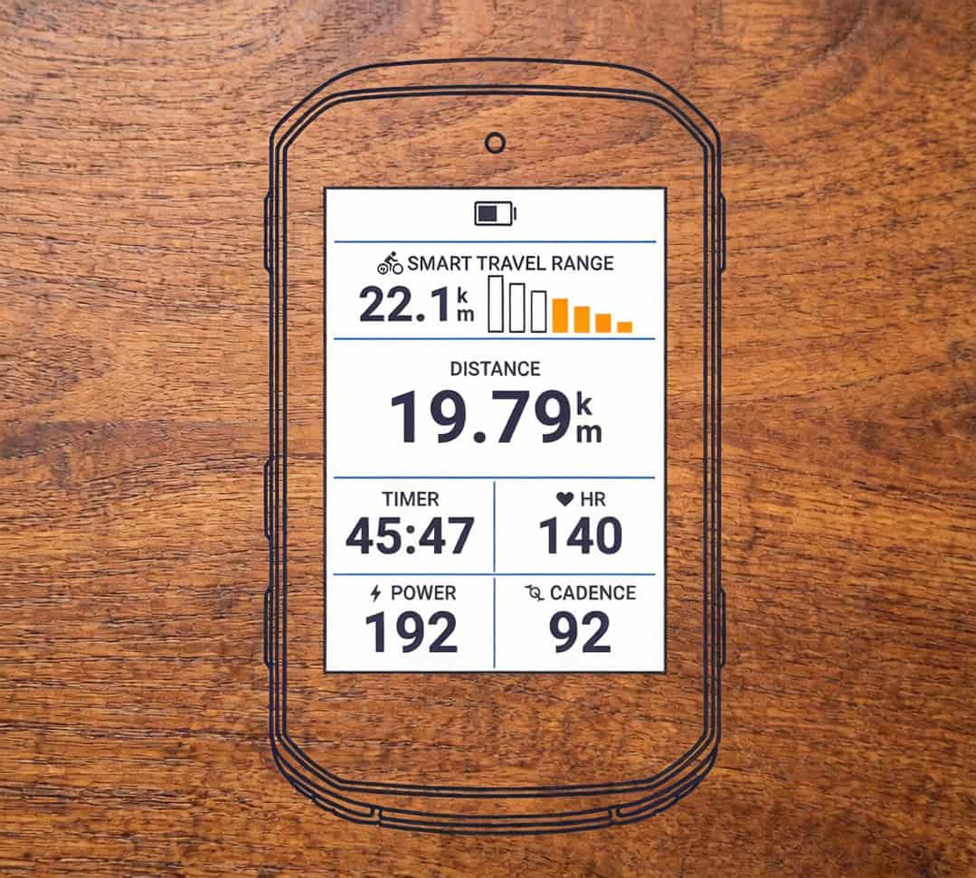 Garmin Edge ciclocomputer mostrando datos de desgaste de cadena y transmisión