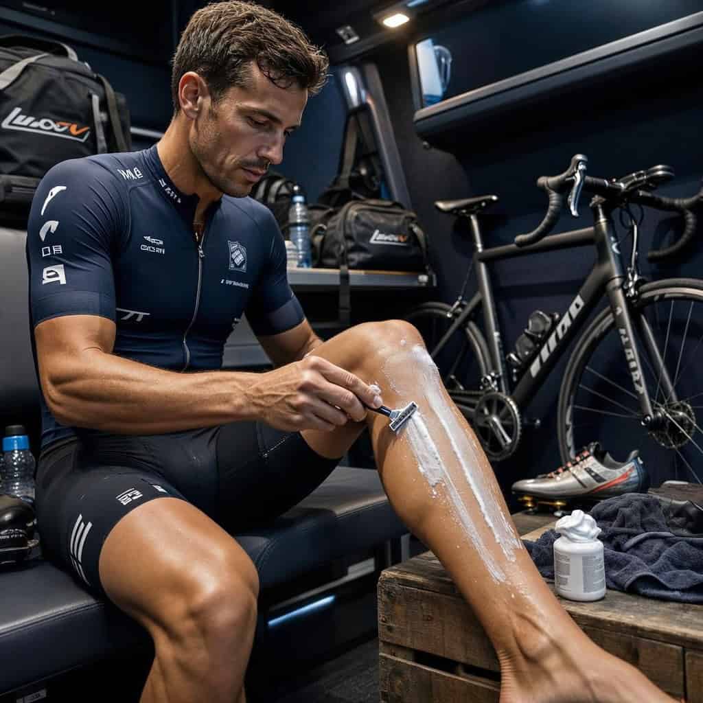 Ciclista afeitándose las piernas con maquinilla — técnica correcta