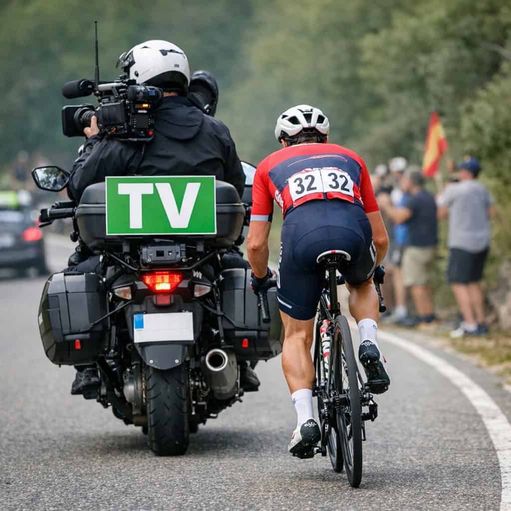 Pelotón profesional rodeado de motos de equipos y televisión en una etapa de montaña