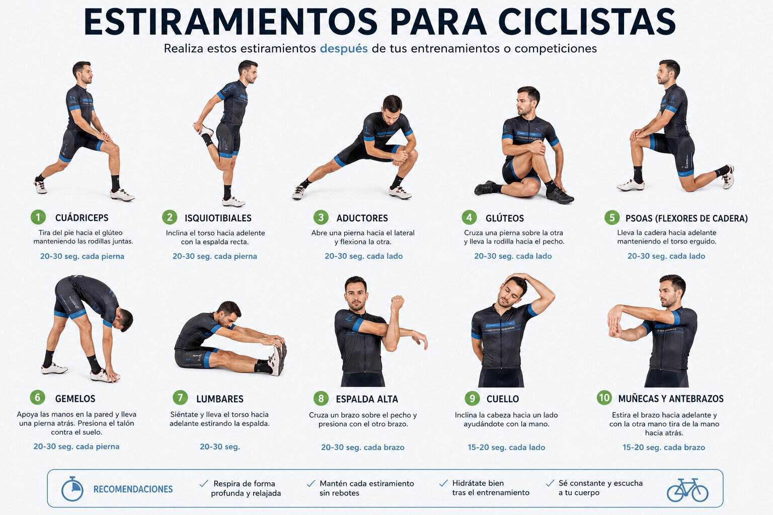 Ciclista realizando estiramientos dinámicos de cadera y tronco antes de salir a rodar