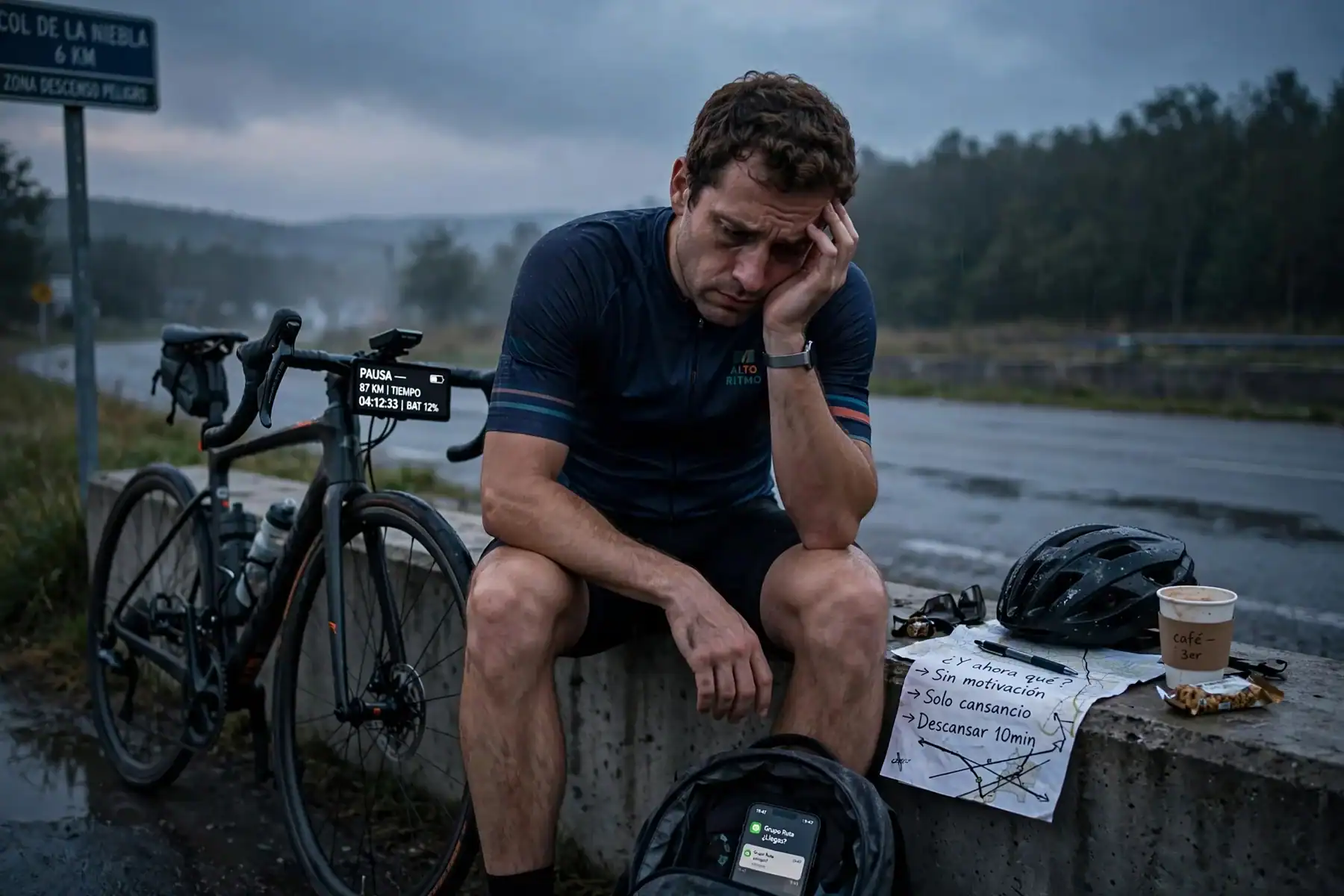 Ciclista exhausto mentalmente durante una carrera de larga distancia mostrando signos de fatiga mental