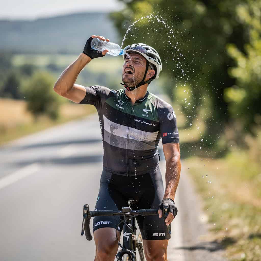Ciclista subiendo un puerto de montaña expuesto al sol en plena ola de calor
