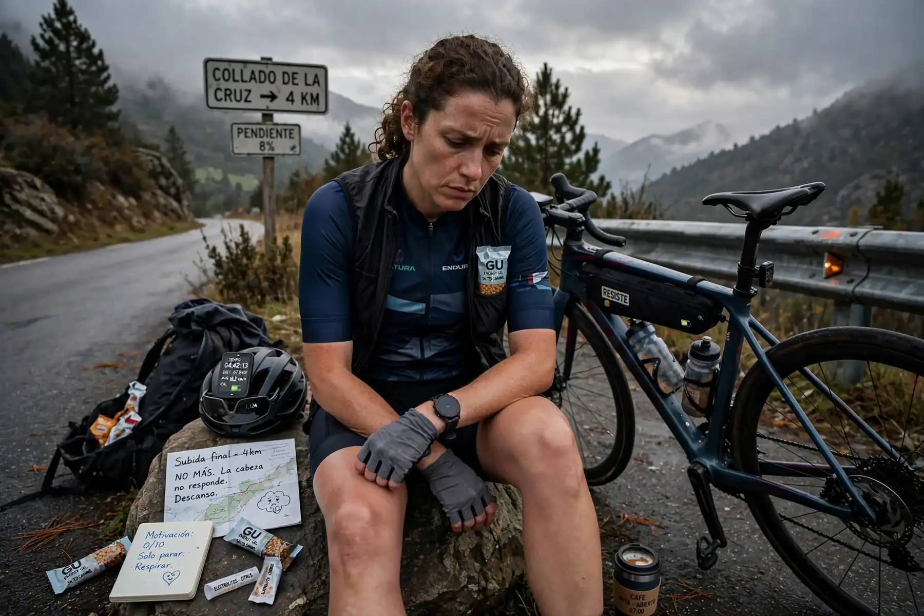 Ciclista descansando y recuperándose mentalmente después de un entrenamiento intenso