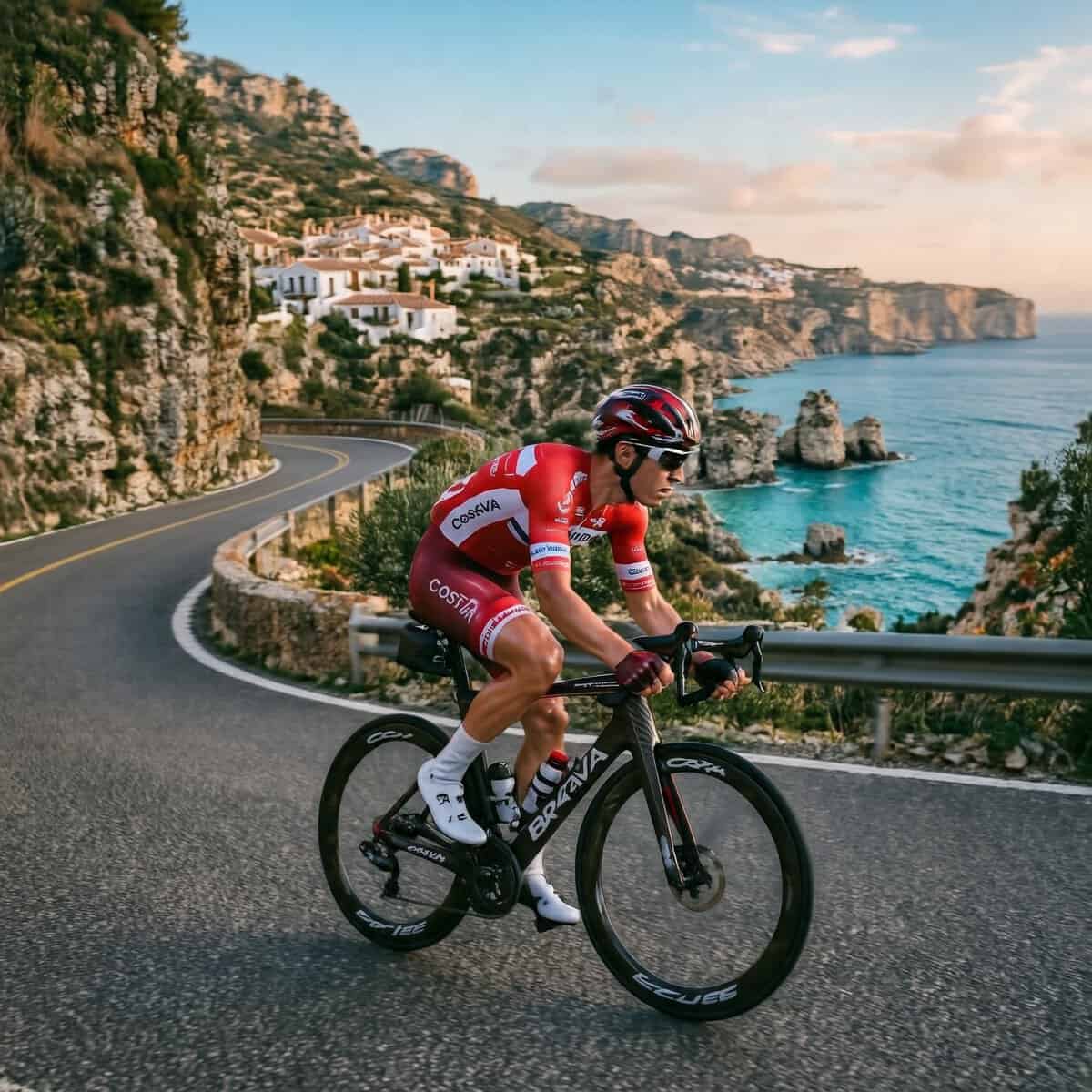 Ciclista rodando por una carretera de montaña en España al atardecer