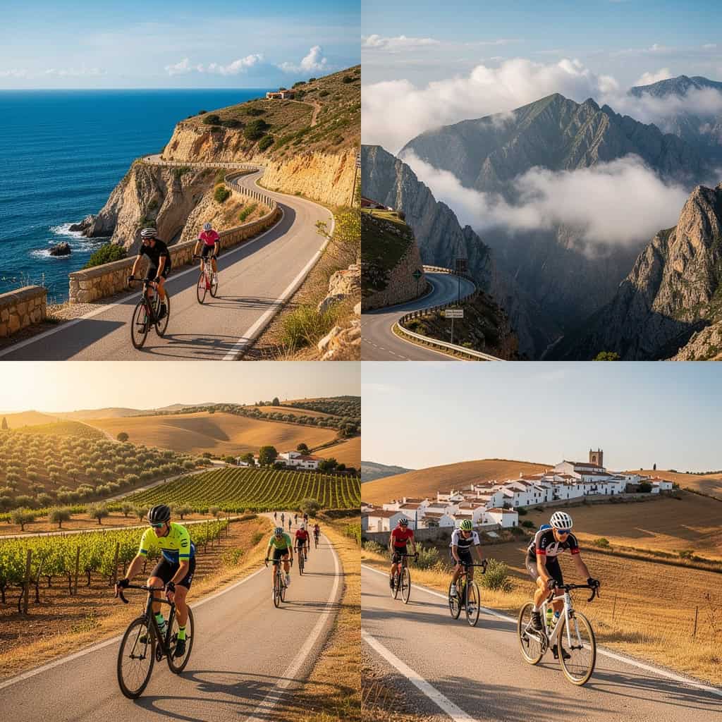 Grupo de ciclistas en una ruta de cicloturismo por España entre montañas