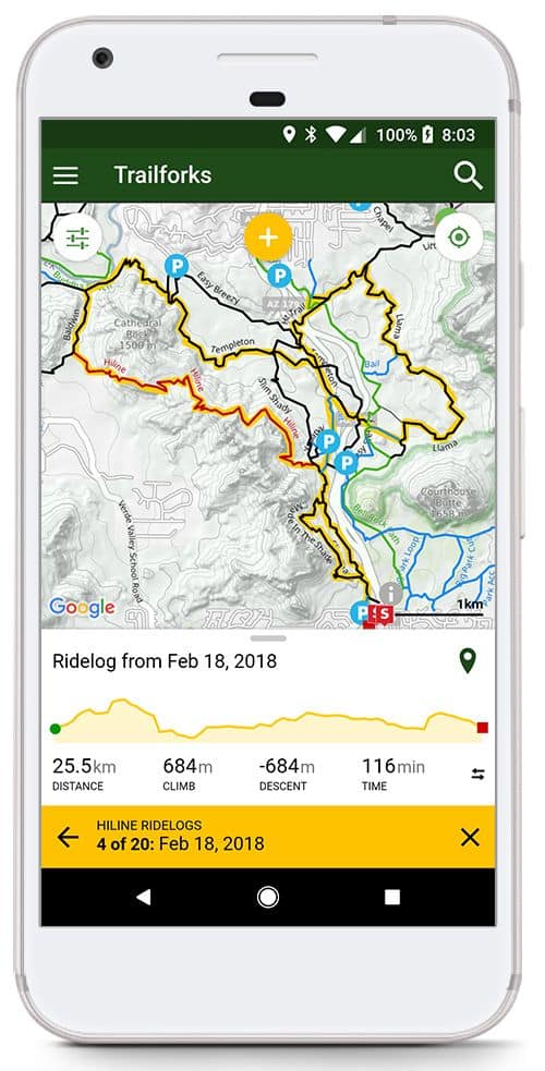 Pantalla de exploración de rutas en la app Trailforks
