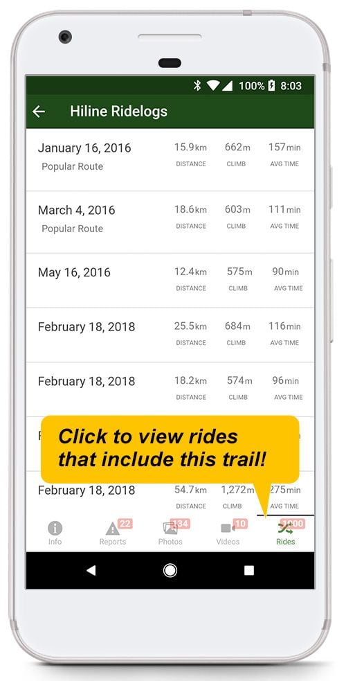 Registro de actividad ridelog en la app Trailforks