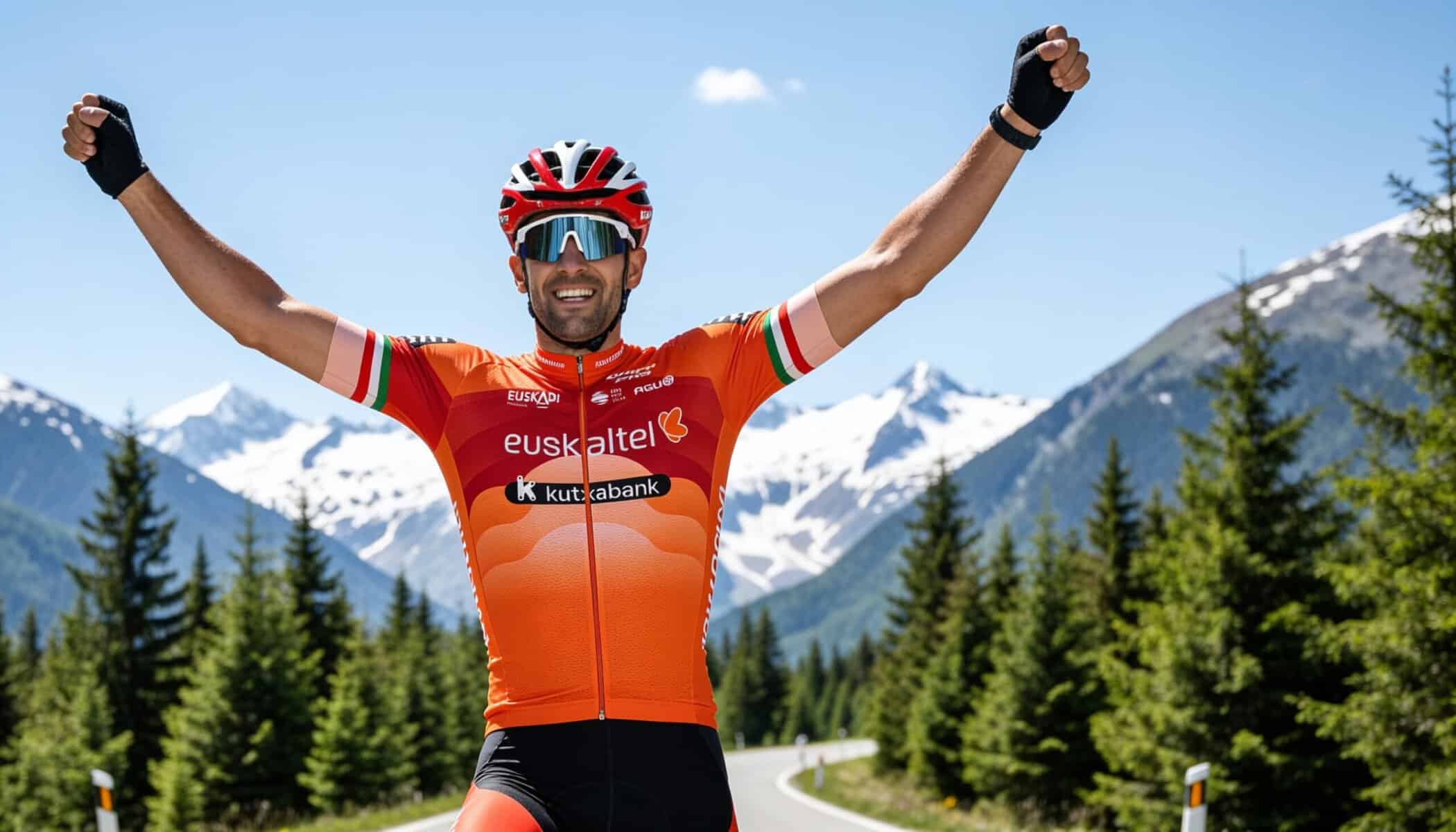 Felipe Orts con el maillot naranja del Euskaltel-Euskadi celebrando victoria