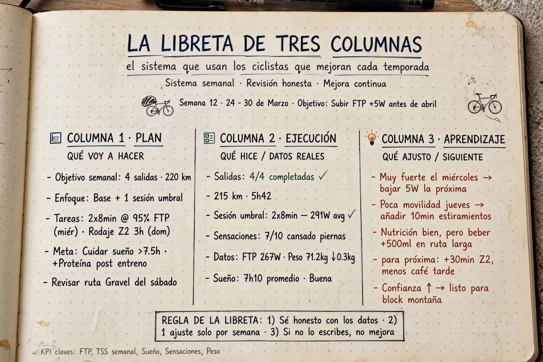 Ciclista revisando su libreta de entrenamiento y sus reglas semanales