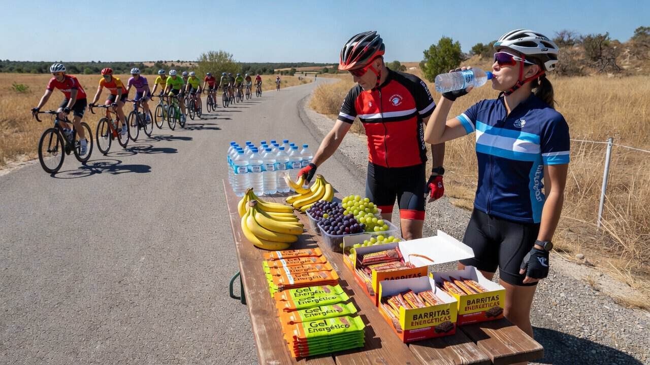 Ciclista tomando un gel energético durante una marcha cicloturista