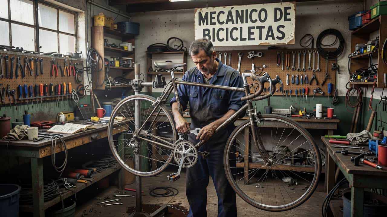 Detalle de mantenimiento de una bicicleta eléctrica en taller