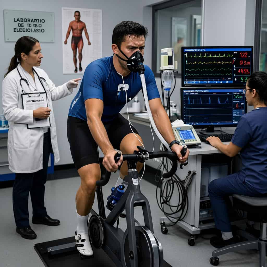 Ciclista realizando CPET con análisis de gases y monitorización cardíaca