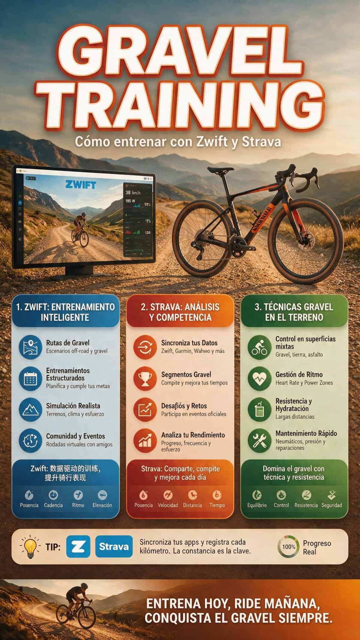 Cómo entrenar con Zwift y Strava para gravel