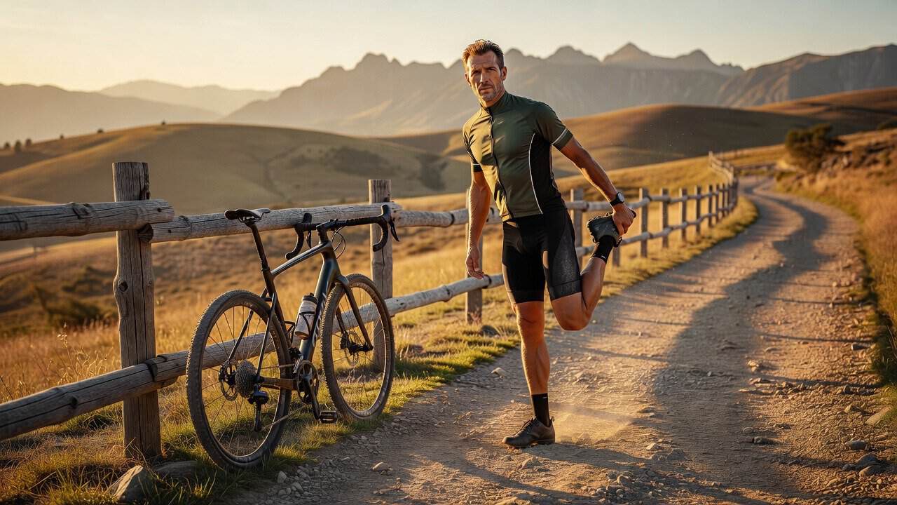 Ciclista realizando un estiramiento estático de isquiotibiales