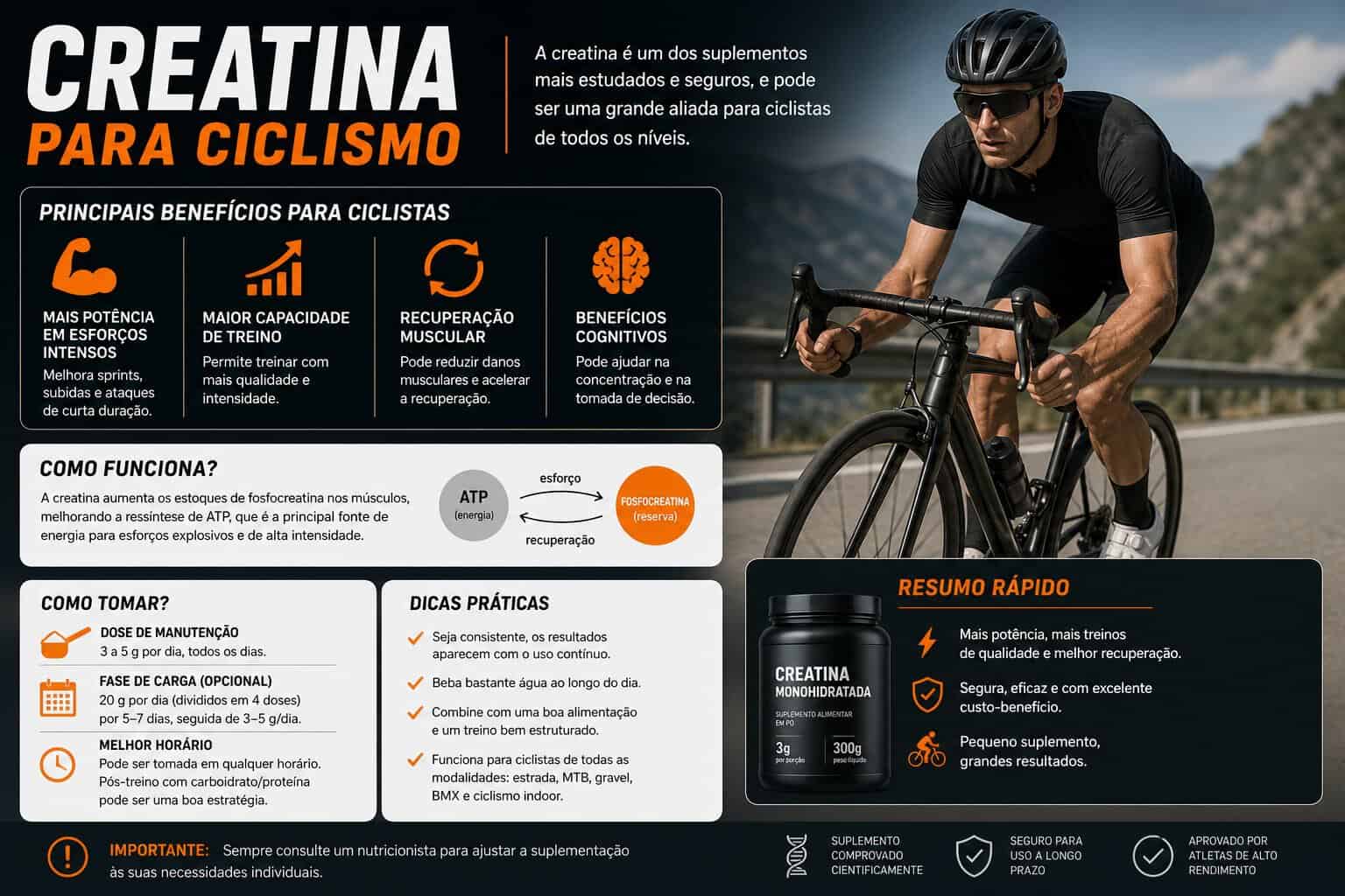 Ciclista bebiendo agua durante un entrenamiento con suplementación de creatina