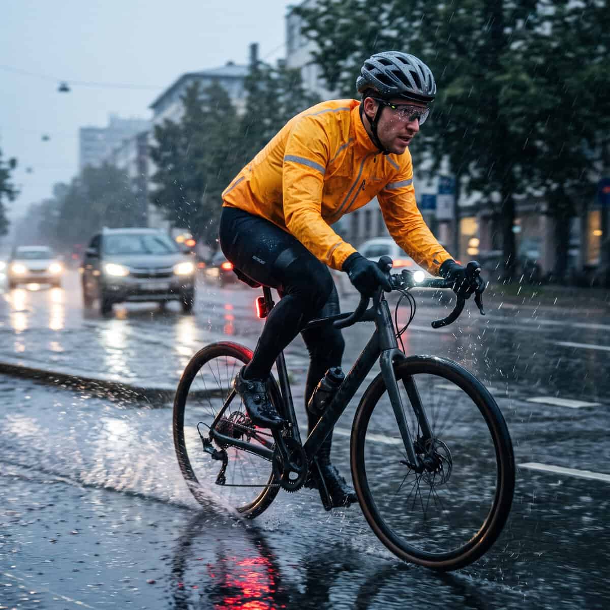 Ciclista con impermeable de alta visibilidad y luces encendidas rodando bajo la lluvia en tráfico urbano