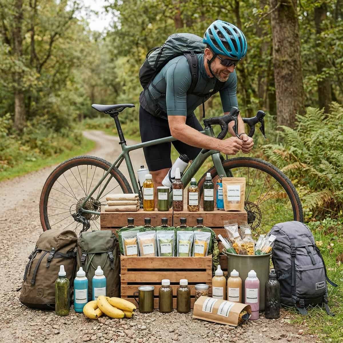 Cómo preparar un avituallamiento para ciclistas: bidones, geles, barritas y plátanos listos junto a una bicicleta de gravel