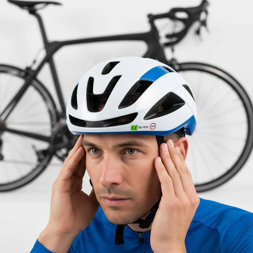 Ciclista comprobando la etiqueta de certificación CE EN 1078 de su casco