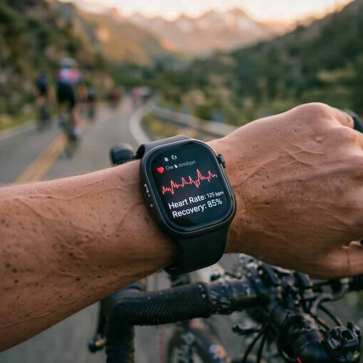 Ciclista revisando su frecuencia cardíaca en el ciclocomputador para controlar la recuperación