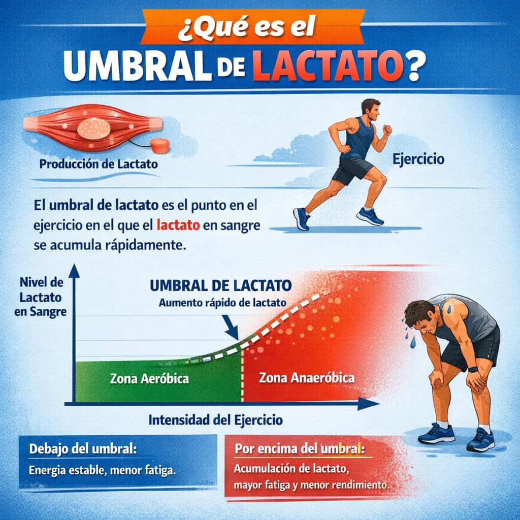Infografía del umbral de lactato: producción de lactato durante el ejercicio, zona aeróbica y zona anaeróbica según la intensidad