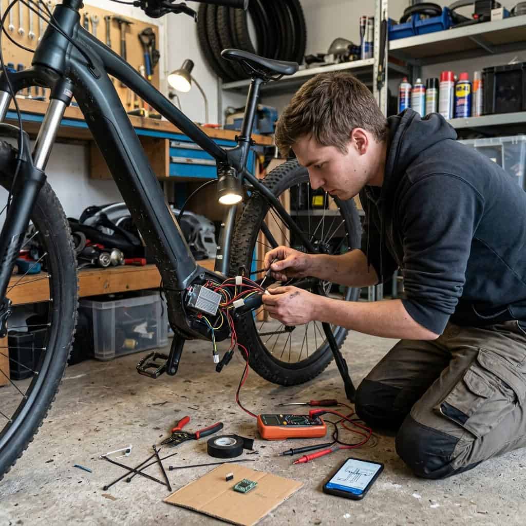 Mecánico manipulando el controlador y el cableado del motor de una bicicleta eléctrica