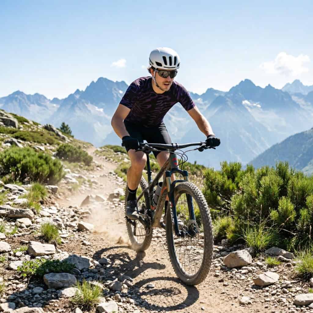 Ciclista rodando a ritmo de aficionado en un sendero de montaña