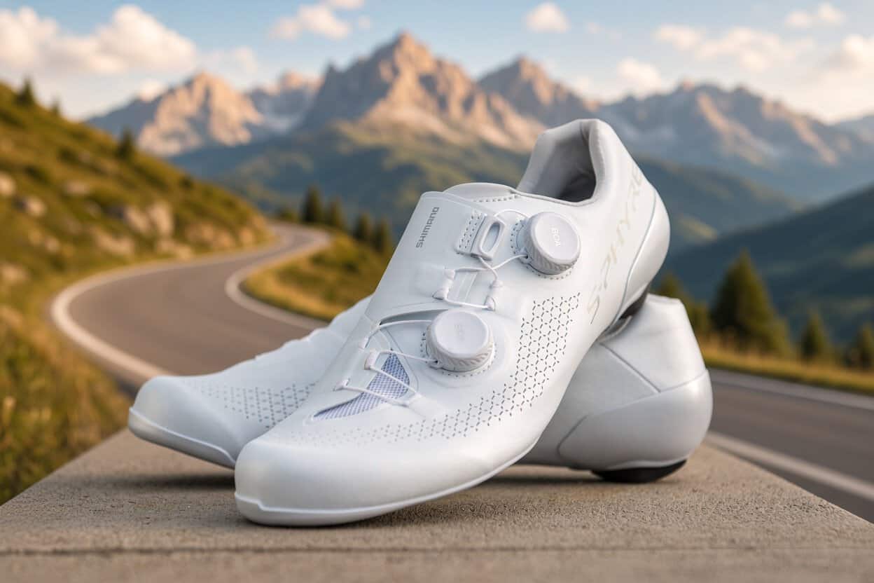 Zapatillas Shimano S-Phyre RC910 blancas con doble rueda BOA sobre una carretera de montaña