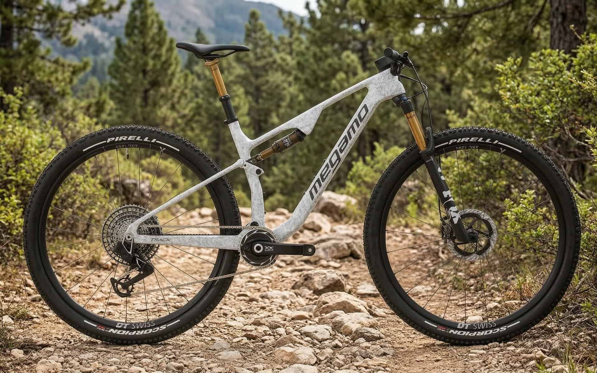 Megamo Track con acabado en carbono crudo y suspensión Fox Kashima, sobre terreno pedregoso