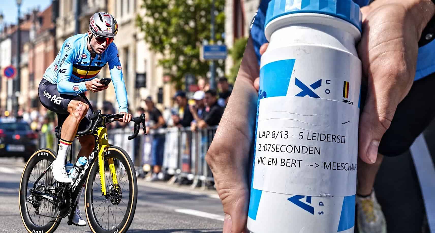 Bidón con mensaje escrito para los corredores de Bélgica en el Mundial de Montreal sin radios