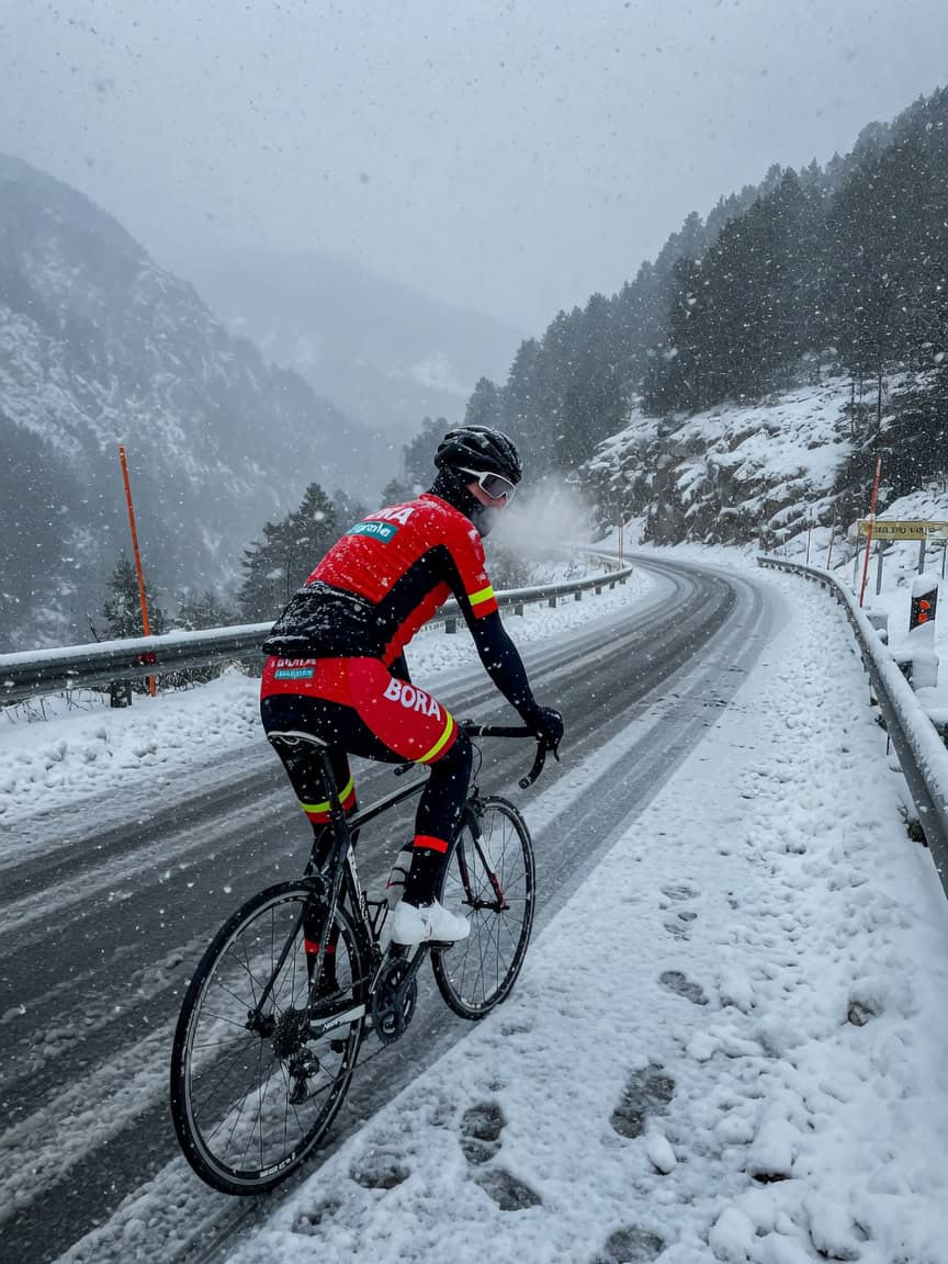 Ciclista de carretera con guantes y cubrezapatillas en invierno