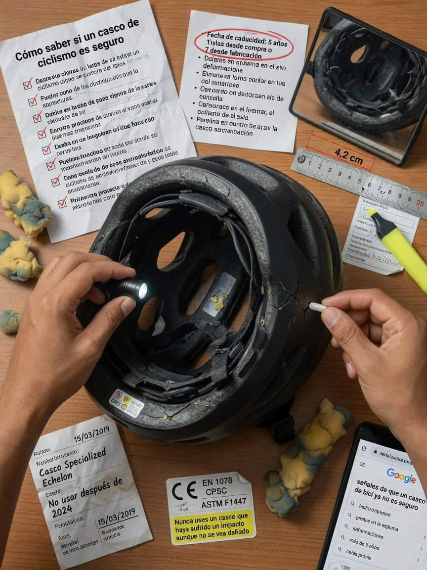 Inspección de un casco de ciclismo agrietado, revisando la etiqueta CE EN 1078 y la fecha de fabricación