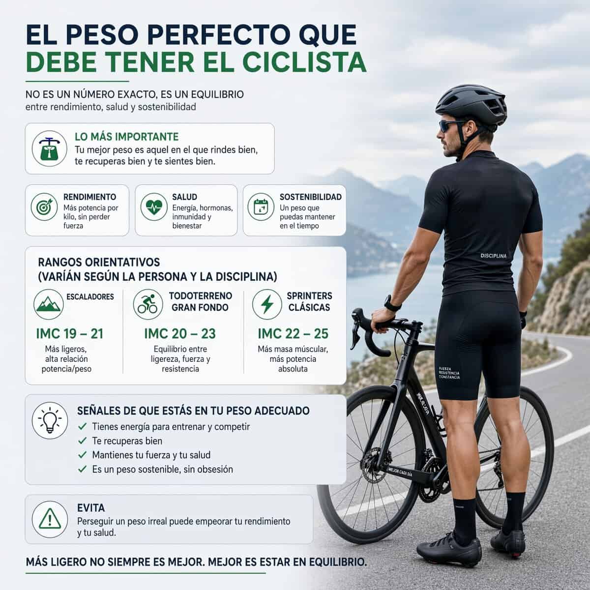 Infografía del peso perfecto del ciclista: rangos orientativos de IMC por especialidad y señales de que estás en tu peso adecuado