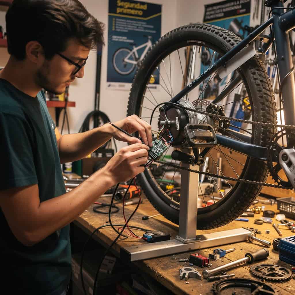 Taller de bicicletas con cartel de seguridad, revisando el motor de una e-bike en el banco de trabajo