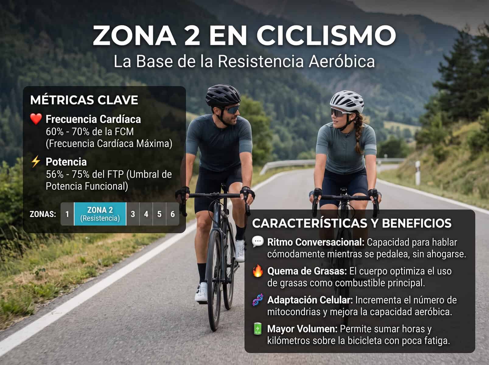 Ciclista rodando en Zona 2: esfuerzo moderado y sostenible en terreno llano