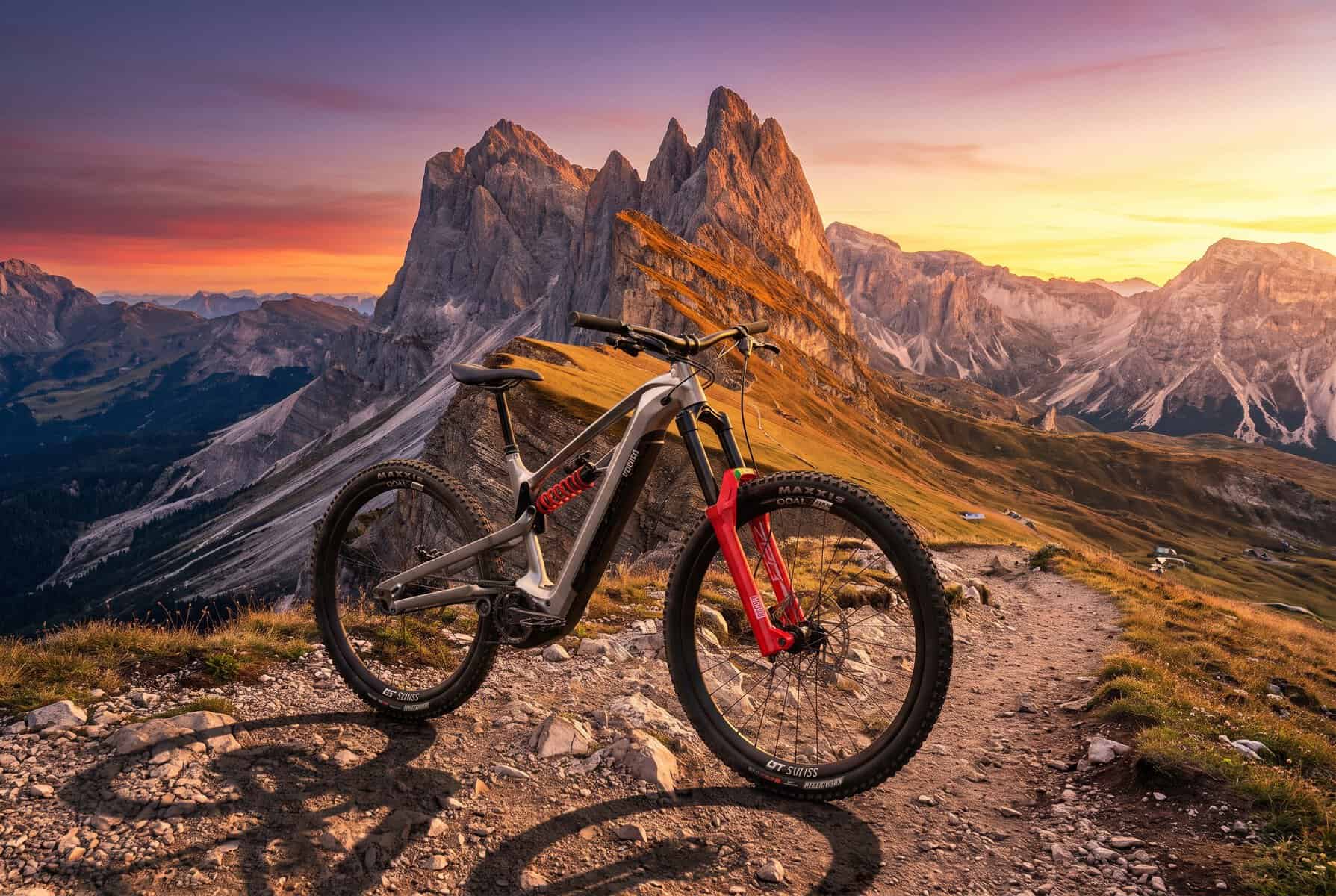 Alutech ePelmo X1P, eMTB de enduro con motor Gobao X1P, en un sendero de montaña al atardecer