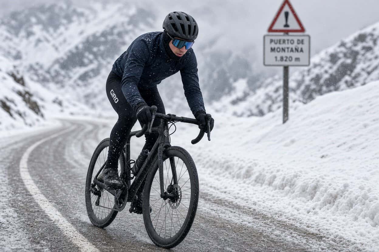 Ciclista de carretera rodando en una mañana fría de invierno
