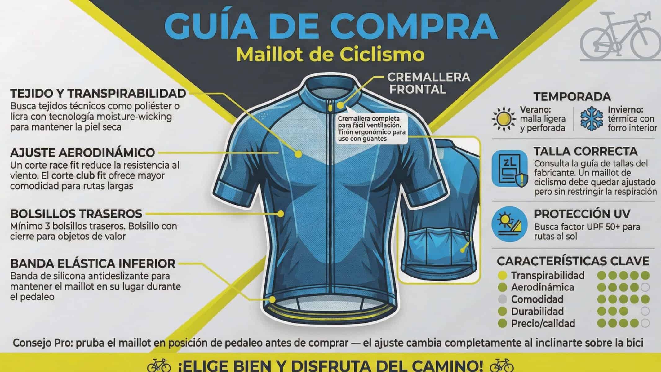 Infografía de las características de un maillot de ciclismo: corte, tejido, bolsillos traseros, cremallera y bandas de silicona