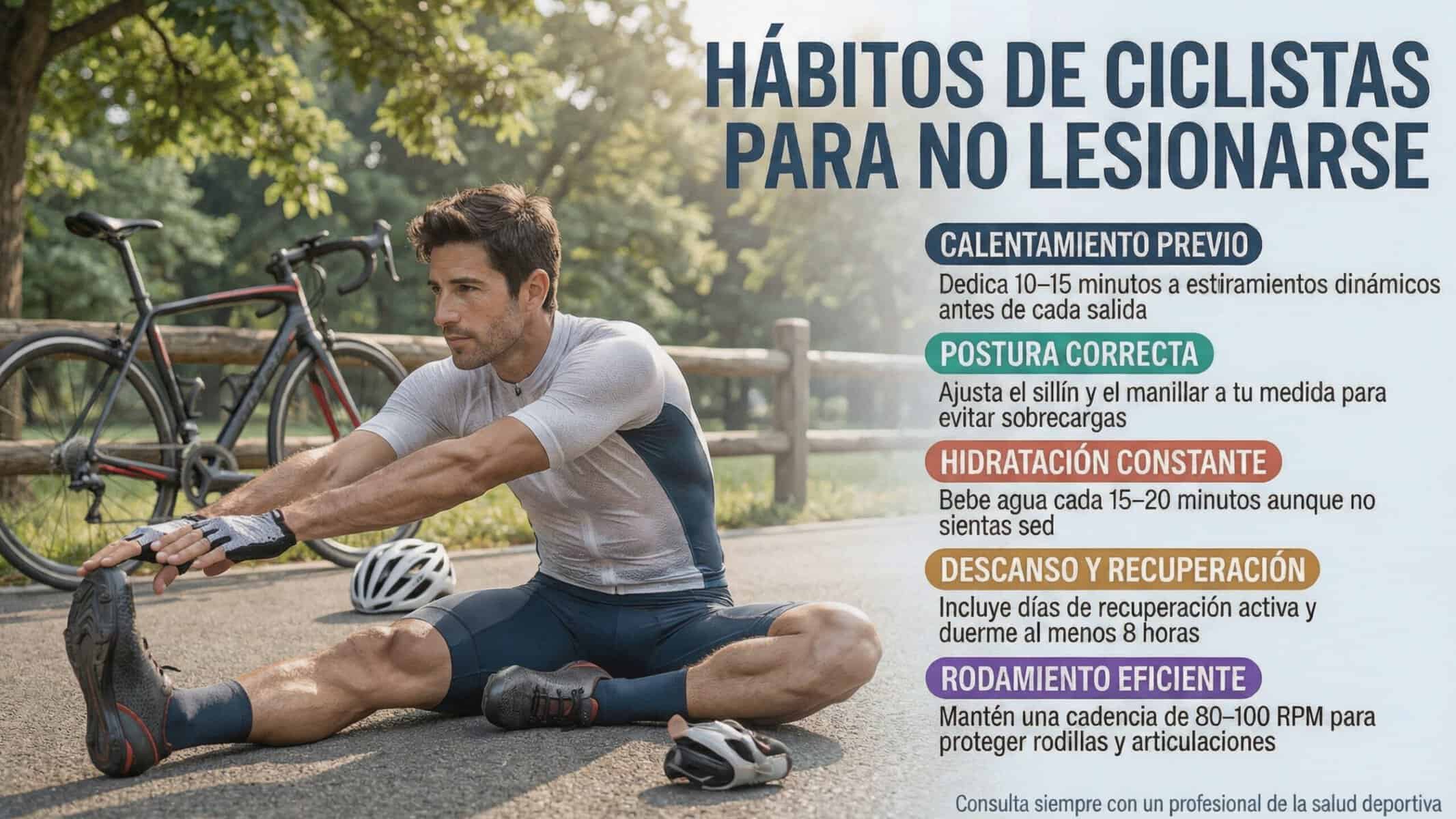 Ciclista haciendo ejercicios de fuerza y ajustando la altura del sillín para prevenir lesiones en ciclismo
