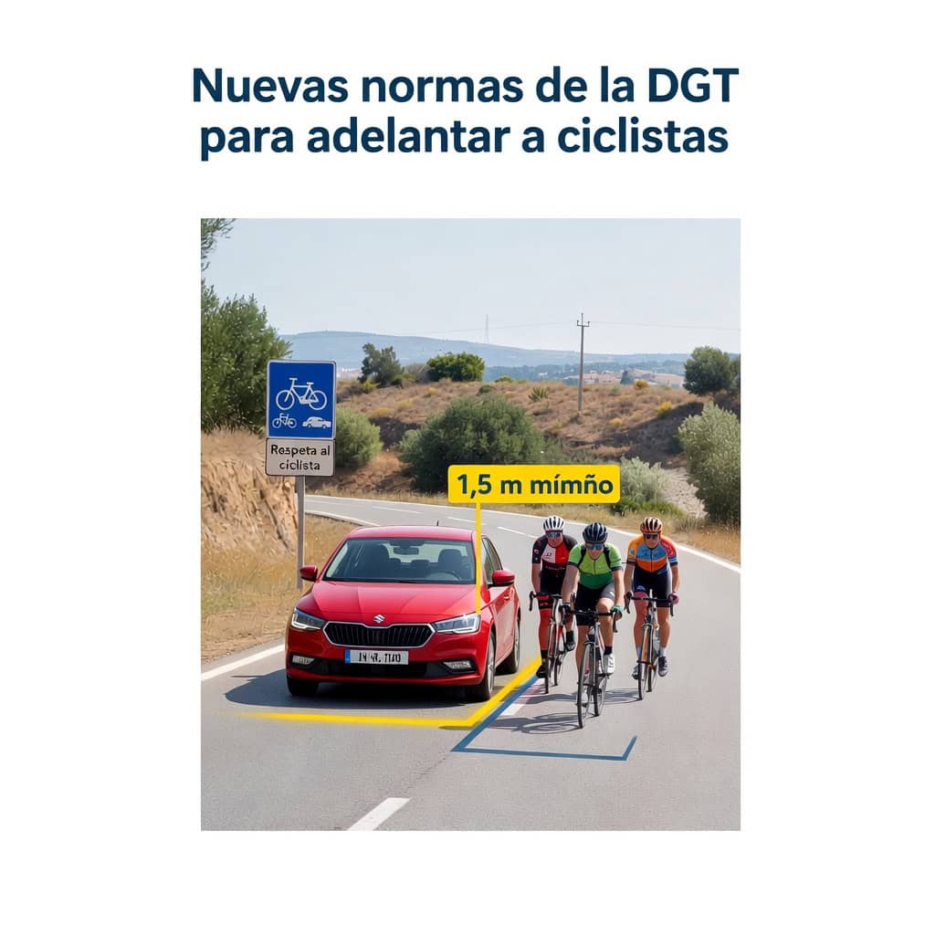 Coche adelantando a un ciclista en carretera respetando la nueva norma de la DGT
