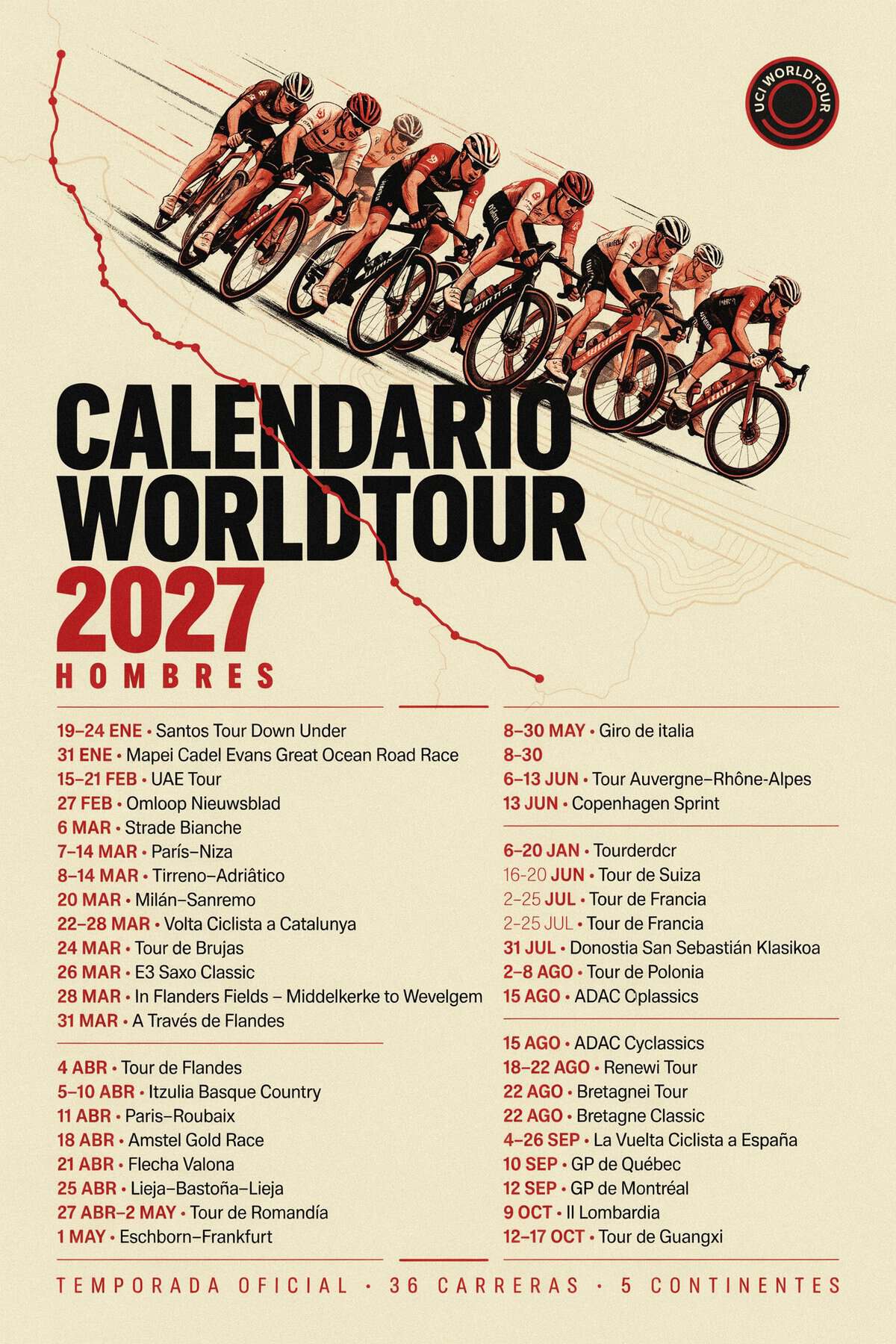 Calendario UCI WorldTour 2027 con las fechas de la Vuelta a España y la nueva Vuelta a Canarias