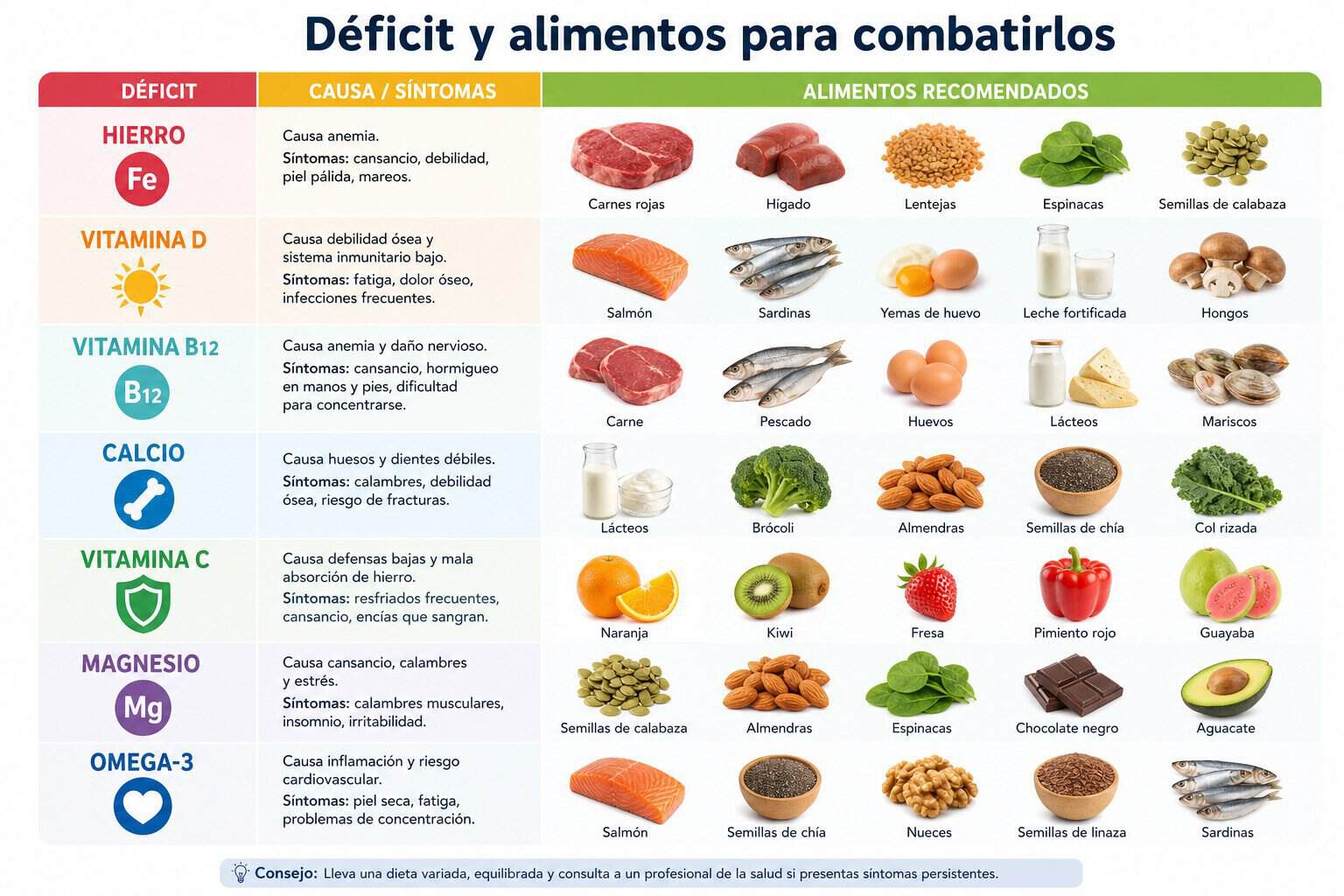 Alimentos ricos en hierro, vitamina D, proteína, B12 y omega-3 para prevenir déficits nutricionales en ciclistas